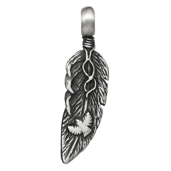 Pendant, "pewter" (zinc-based alloy), 56x16mm feather with eagle. Sold individually. image number 0