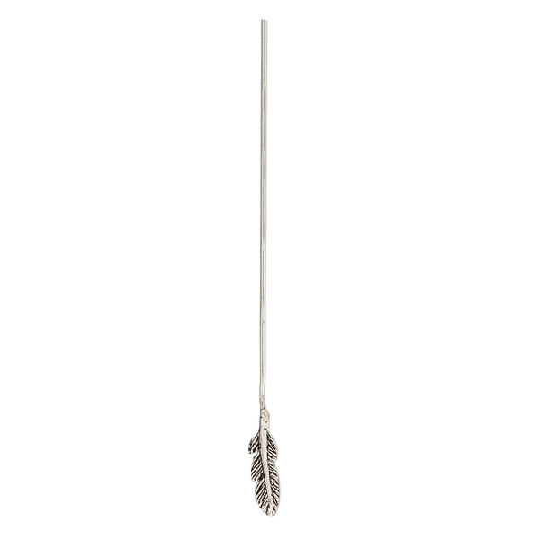 Head pin, antiqued sterling silver, 2-1/4 inches with 11x4mm feather, 20 gauge. Sold per pkg of 2. image number 0