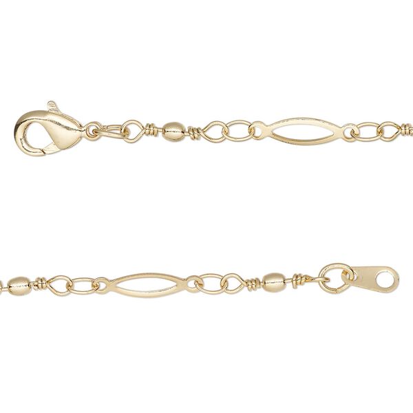 Chain, gold-finished brass, 11x2mm open oval and handmade wire-wrapped links with 2mm ball, 18 inches with lobster claw clasp. Sold individually. image number 0