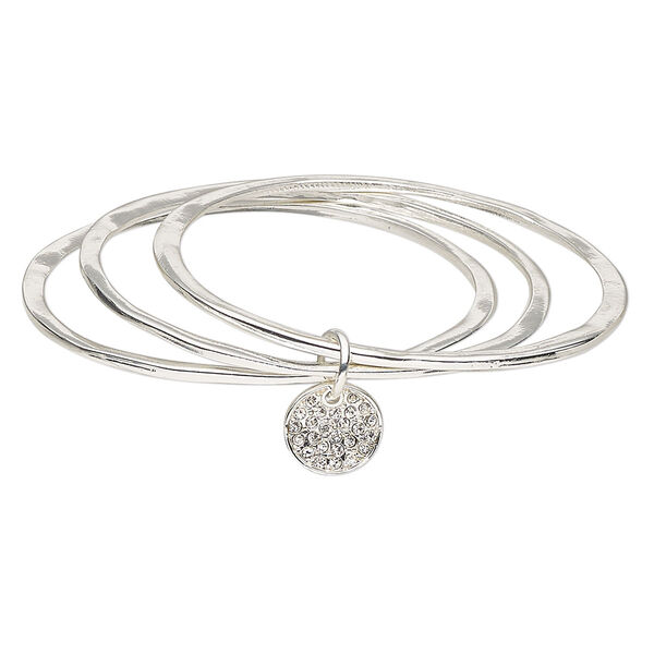 Bracelet, bangle, glass rhinestone with silver-finished steel and "pewter" (zinc-based alloy), clear, 14mm flat round, 7-1/2 inches. Sold individually. image number 0