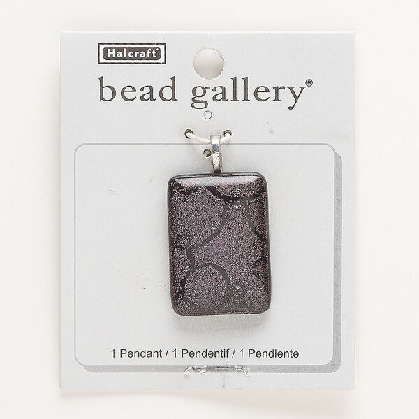 Focal, antique silver-finished brass and dichroic glass, opaque purple and black, 35x25mm rectangle. Sold individually. image number 0