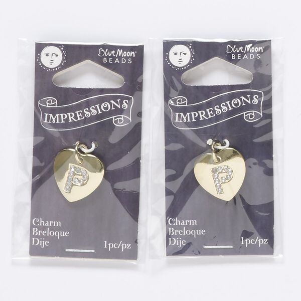 Charm, gold-finished "pewter" (zinc-based alloy) / steel / acrylic rhinestone, clear, 15.5x15mm single-sided puffed heart with letter "P." Sold per pkg of 2. image number 0