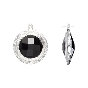 Drop, black onyx (dyed) and sterling silver, 17mm double-sided faceted round with hammered edge. Sold individually.