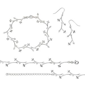 Necklace / bracelet / earring, sterling silver and cubic zirconia, clear, branch, 15" to 16" necklace with 3-inch extender chain and lobster claw clasp, 7-1/2 inch bracelet with lobster claw clasp, 1-1/2 inch earrings with fishhook ear wire. Sold per 3-piece set.