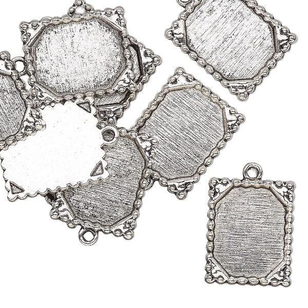 Drop, glue-in, antique silver-finished "pewter" (zinc-based alloy), 21x17mm single-sided frame rectangle with 18x14mm rectangle setting. Sold per pkg of 10. image number 0