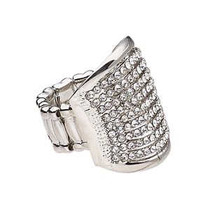 Ring, stretch, glass rhinestone / silver-coated plastic / silver-plated "pewter" (zinc-based alloy), clear, 26.5mm wide with rectangle, size 7-8. Sold individually.