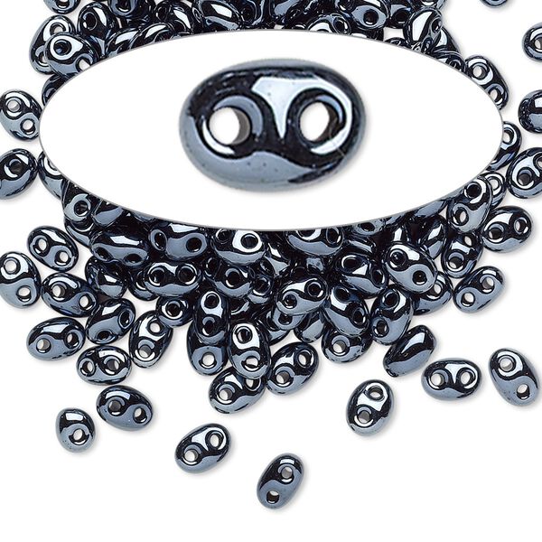 Seed bead, Preciosa Twin™ Czech glass, pkg/50g, 5x2.5mm oval, opaque pewter iris black, (49102). image number 0