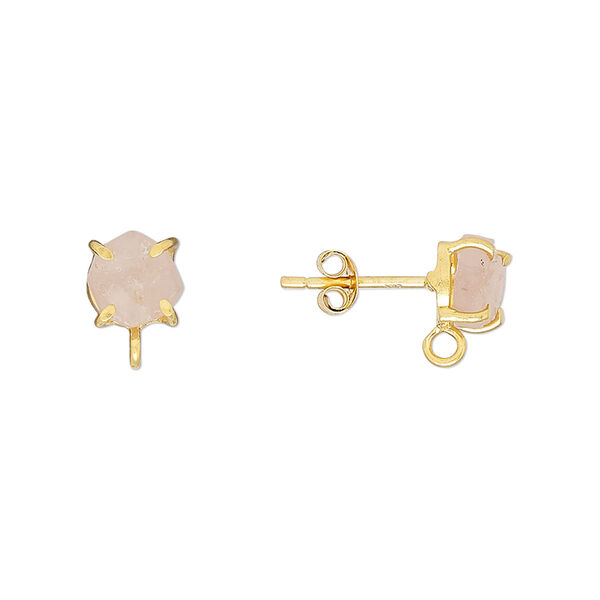 Sterling silver / rose quartz 1pkg2, rough nugget earstud / closed loop gold-plated 5-7mm image number 0