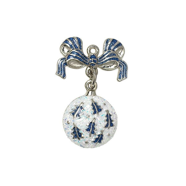 Charm, silver-plated "pewter" (zinc-based alloy) with enamel and glitter, blue and white, 25x17mm single-sided ornament with bow. Sold individually. image number 0