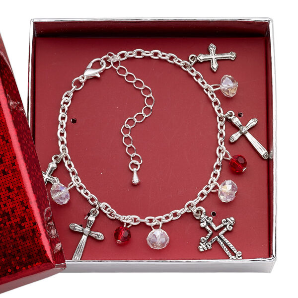 Bracelet, glass / silver-finished brass / steel / antique silver-finished "pewter" (zinc-based alloy), red and clear, cross, 7 inches with 2-inch extender chain and lobster claw clasp. Sold individually. image number 0