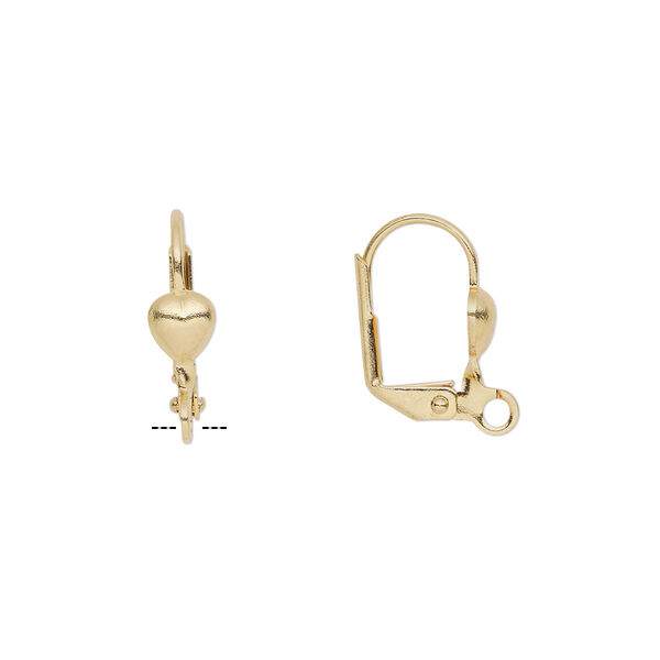 Ear wire, gold-plated brass, 16mm leverback with 5mm heart and open loop. Sold per pkg of 50 pairs. image number 0