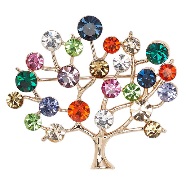 Brooch, glass rhinestone and rose gold-finished "pewter" (zinc-based alloy), multicolored, 51x45mm tree. Sold individually. image number 0