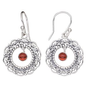 Earring, Create Compliments®, garnet (natural) and antiqued sterling silver, 33mm fancy round with cutout design and fishhook ear wire, 20 gauge. Sold per pair.