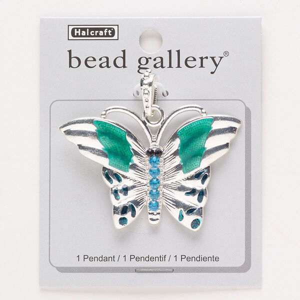 Pendant, silver-finished "pewter" (zinc-based alloy) / enamel / glass, blue / black / teal, 60x41mm butterfly. Sold individually. image number 0