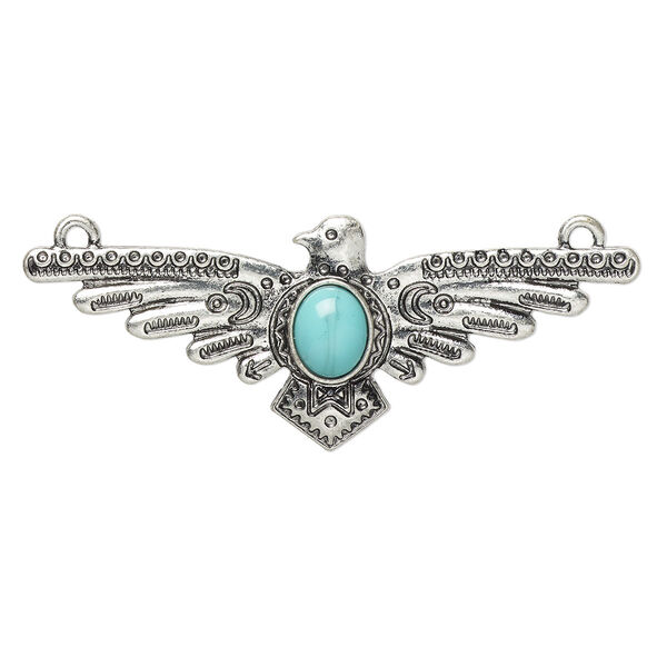 Focal, "turquoise" (resin) (imitation) and antiqued "pewter" (zinc-based alloy), blue, 68.5x26.5mm single-sided eagle with tribal design and 2 loops. Sold individually. image number 0