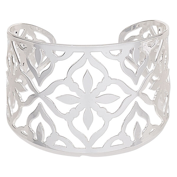 Bracelet, cuff, silver-finished steel, 45mm wide with cutout flower design, adjustable from 8-9 inches. Sold individually. image number 0
