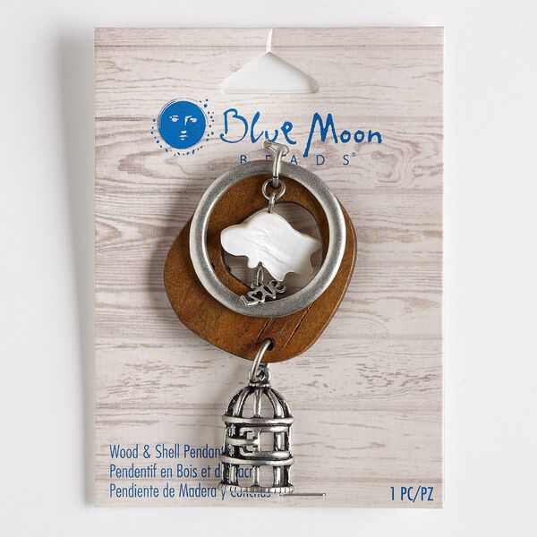 Focal, mother-of-pearl shell / wood (natural) / antique silver-finished "pewter" (zinc-based alloy), 67mm with 20.5x13mm bird / 22x15.5mm bird cage / "LOVE." Sold individually. image number 0