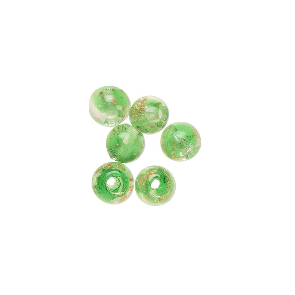 Bead, lampworked glass, clear / green / glow-in-the-dark / gold, 6mm round. Sold per pkg of 6. image number 0