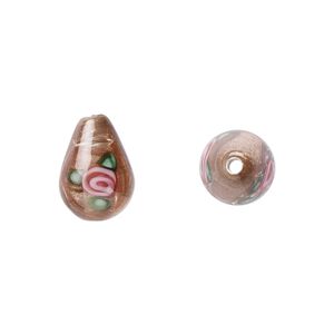 Bead, Czech lampworked glass, opaque brown / pink / green, 12x8mm-13x9mm teardrop with flower design. Sold per pkg of 4.