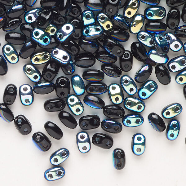 Seed bead, Preciosa Twin™ Pressed Twin Czech glass, pkg/200, 5x2.5mm oval, opaque AB black, (15296). image number 0