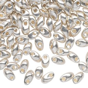 Seed bead, Miyuki, glass, pkg/10g, 7x4mm long magatama, opaque metallic shiny silver (LMA-1051).