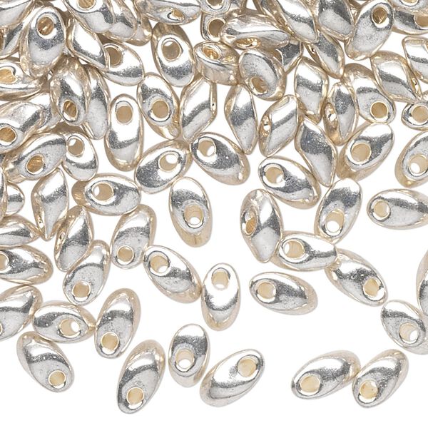 Seed bead, Miyuki, glass, pkg/10g, 7x4mm long magatama, opaque metallic shiny silver (LMA-1051). image number 0