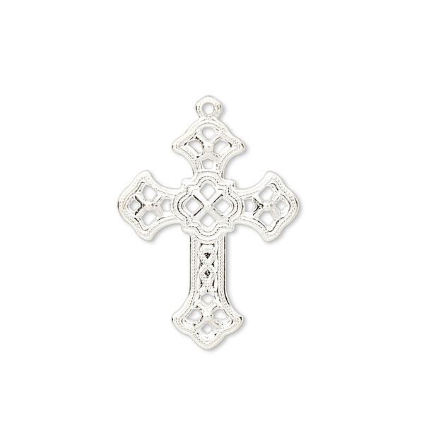 Drop, silver-plated brass, 24x18mm filigree cross. Sold per pkg of 50. image number 0
