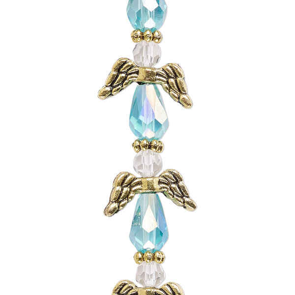 Bead, crystal and antique gold-finished "pewter" (zinc-based alloy), translucent medium blue AB and clear, 17x14mm angel. Sold per pkg of 6. image number 0