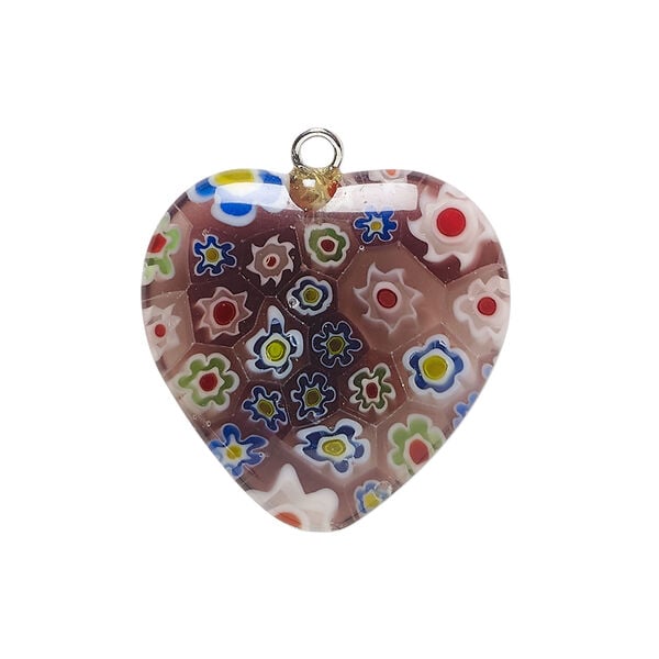 Drop, millefiori glass and silver-finished steel 1pkg1, translucent purple and multicolored, 24-26mm puffed heart. image number 0