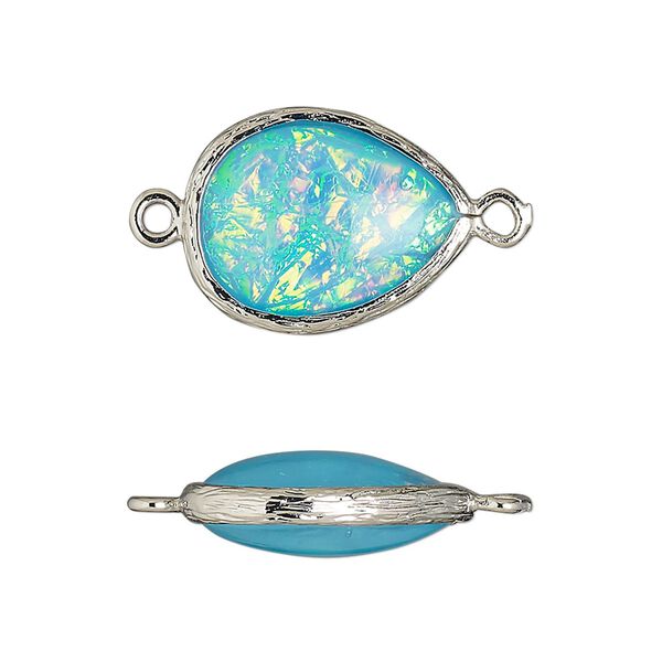 Link, Opalized Ice™, "opal" (resin) and imitation rhodium-finished brass, opaque light blue, 19.5x15mm double-sided teardrop. Sold per pkg of 4. image number 0