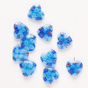 Bead, millefiori glass, pkg/10, translucent cobalt blue/red/white, 13-15mm half-drilled puffed heart.