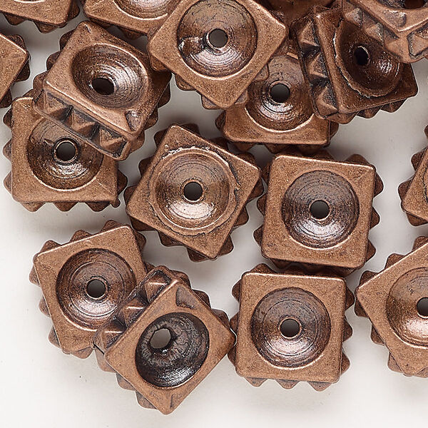 Bead, antique copper-finished "pewter" (zinc-based alloy), 12x5mm-13x5mm square rondelle with spike design. Sold per pkg of 50. image number 0