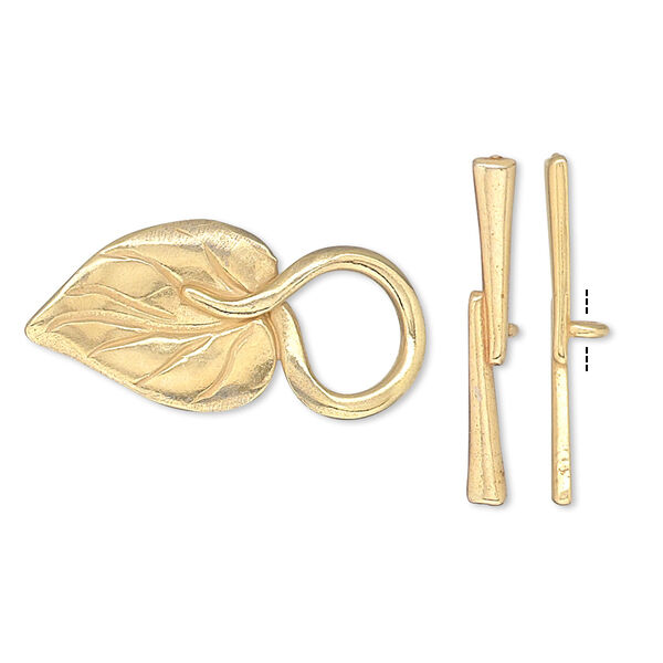 Clasp, JBB Findings, toggle, gold-plated pewter (tin-based alloy), 26.5x13mm single-sided leaf with hidden loop. Sold individually. image number 0