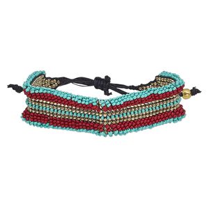 Bracelet, waxed cotton cord / glass / gold-finished steel, red / turquoise blue / black, 21mm wide, adjustable from 6-1/2 to 9 inches with macramé knot closure. Sold individually.