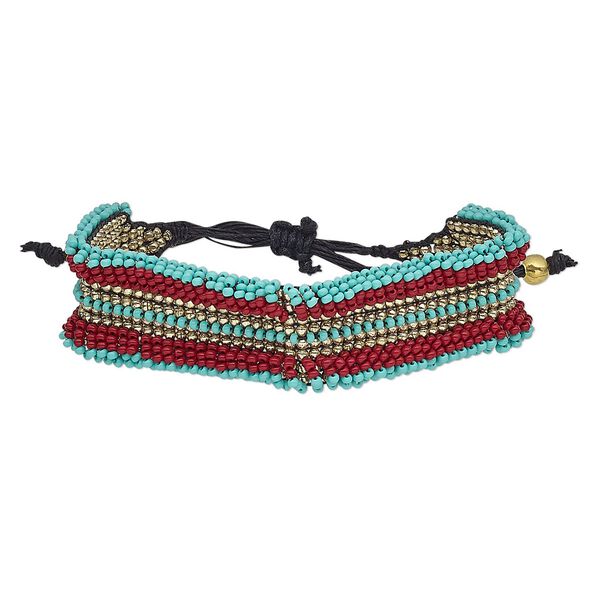 Bracelet, waxed cotton cord / glass / gold-finished steel, red / turquoise blue / black, 21mm wide, adjustable from 6-1/2 to 9 inches with macramé knot closure. Sold individually. image number 0