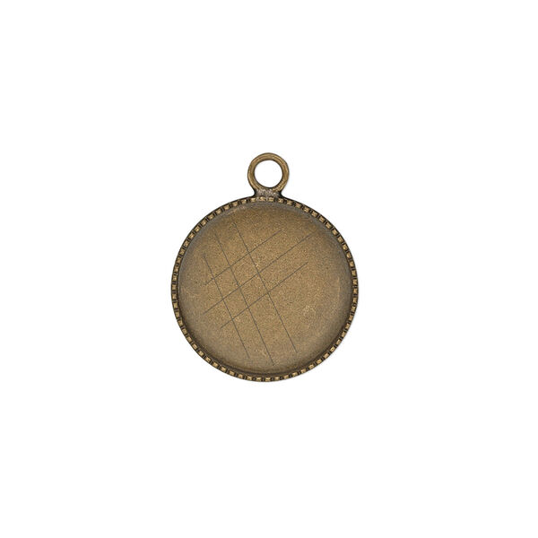 Drop, antiqued brass, 15mm round with beaded edge and 14mm round bezel cup setting. Sold per pkg of 6. image number 0