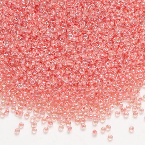 Seed bead, Miyuki, glass, pkg/250g, #15 rocaille, translucent coral-lined luster crystal clear (RR-204). image number 0