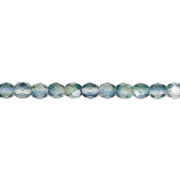 Bead, Czech fire-polished glass, green and teal luster, 4mm faceted round. Sold per 15-1/2" to 16" strand. image number 0