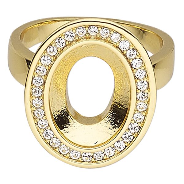 Ring, Almost Instant Jewelry®, crystals and gold-plated "pewter" (zinc-based alloy), crystal clear, 21x17mm oval with 14x10mm oval setting, size 8. Sold individually. image number 0