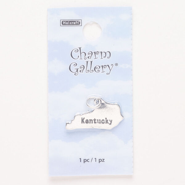 Charm, steel and enamel, pkg/1, silver finish and black, 24x12mm with "Kentucky." image number 0
