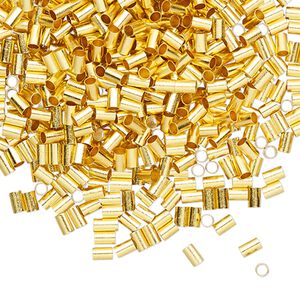 Crimp, gold-finished brass, 3x2mm round tube, 1.4mm inside diameter. Sold per pkg of 1,000.