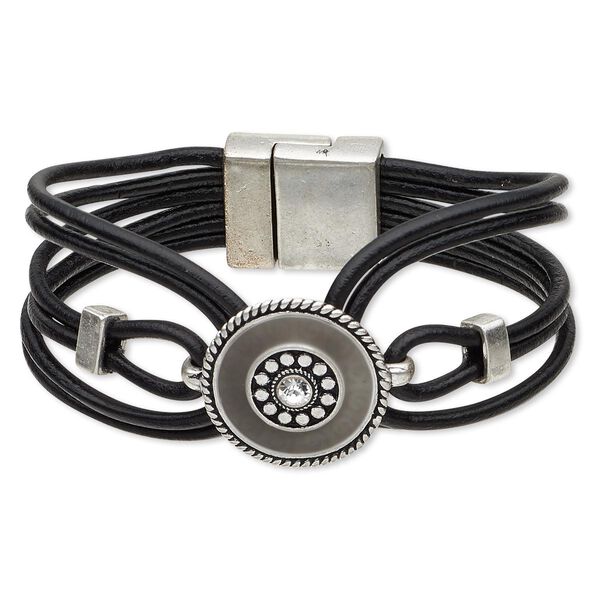 Bracelet, 6-strand, leather (dyed) / crystals / epoxy / antique silver-finished "pewter" (zinc-based alloy), grey and clear, 24mm wide with 23mm flat round, 6-1/2 inches with magnetic clasp. Sold individually. image number 0