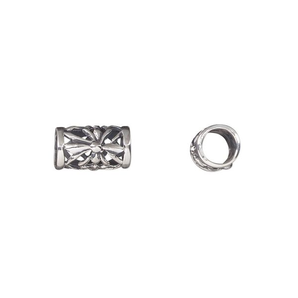 Bead, sterling silver, 11x7mm tube with cutout flower design. Sold individually. image number 0