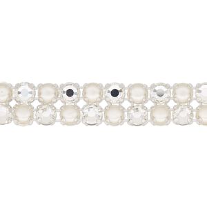 Banding, 1pk argent flare silver plate opaque and transparent cream and crystal, Preciosa Rose Viva 12® Czech 10mm wide 4.5mm round 7.75 inch