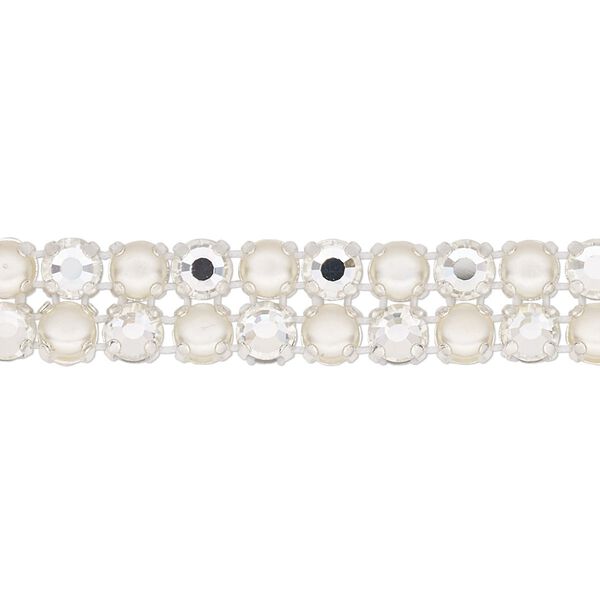 Banding, 1pk argent flare silver plate opaque and transparent cream and crystal, Preciosa Rose Viva 12® Czech 10mm wide 4.5mm round 7.75 inch image number 0