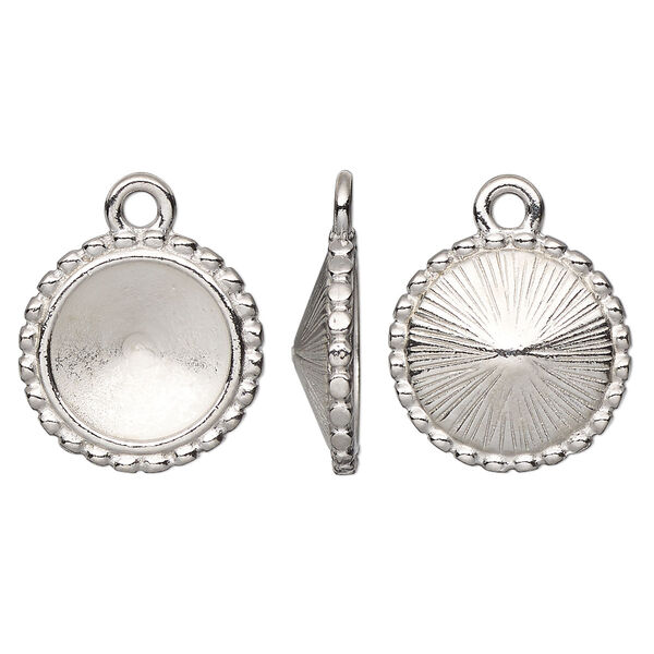 Drop, Almost Instant Jewelry® and TierraCast®, white bronze-plated pewter (tin-based alloy), 17mm round with beaded edge and 12mm rivoli glue-in setting. Sold per pkg of 20. image number 0