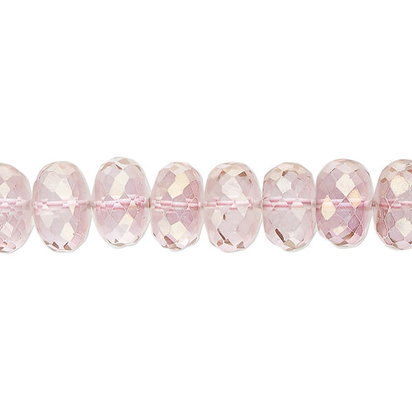 Bead, quartz crystal (coated), rose, 9x5mm-10x7mm hand-cut faceted rondelle, B grade, Mohs hardness 7. Sold per 8-inch strand, approximately 35 beads. image number 0