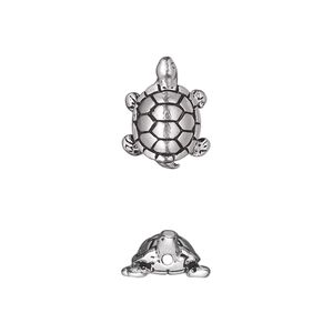 Bead, TierraCast®, antique silver-plated pewter (tin-based alloy), 15x11.5mm 3D turtle. Sold per pkg of 2.