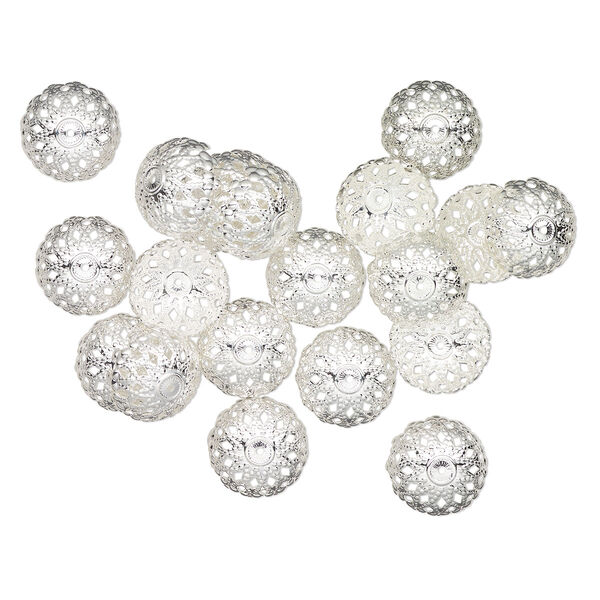 Bead cap, silver-finished "pewter" (zinc-based alloy), 17mm fancy dome with cutouts, fits 16-18mm beads. Sold per pkg of 20. image number 0