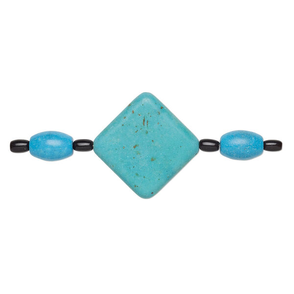 Bead mix, "turquoise" (imitation) resin and glass, blue-green / teal blue / black, 6x4mm barrel / 13x9mm barrel / 32x32mm puffed diamond. Sold per pkg of 7. image number 0